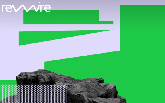 Image is from Rewire 2020 (re)setting design campaign. It is grey and green blocky background with a rocky surfaced shape lower left on top of which is a code like dot pattern. At the top is the word 'wire' stretching out to the left. 